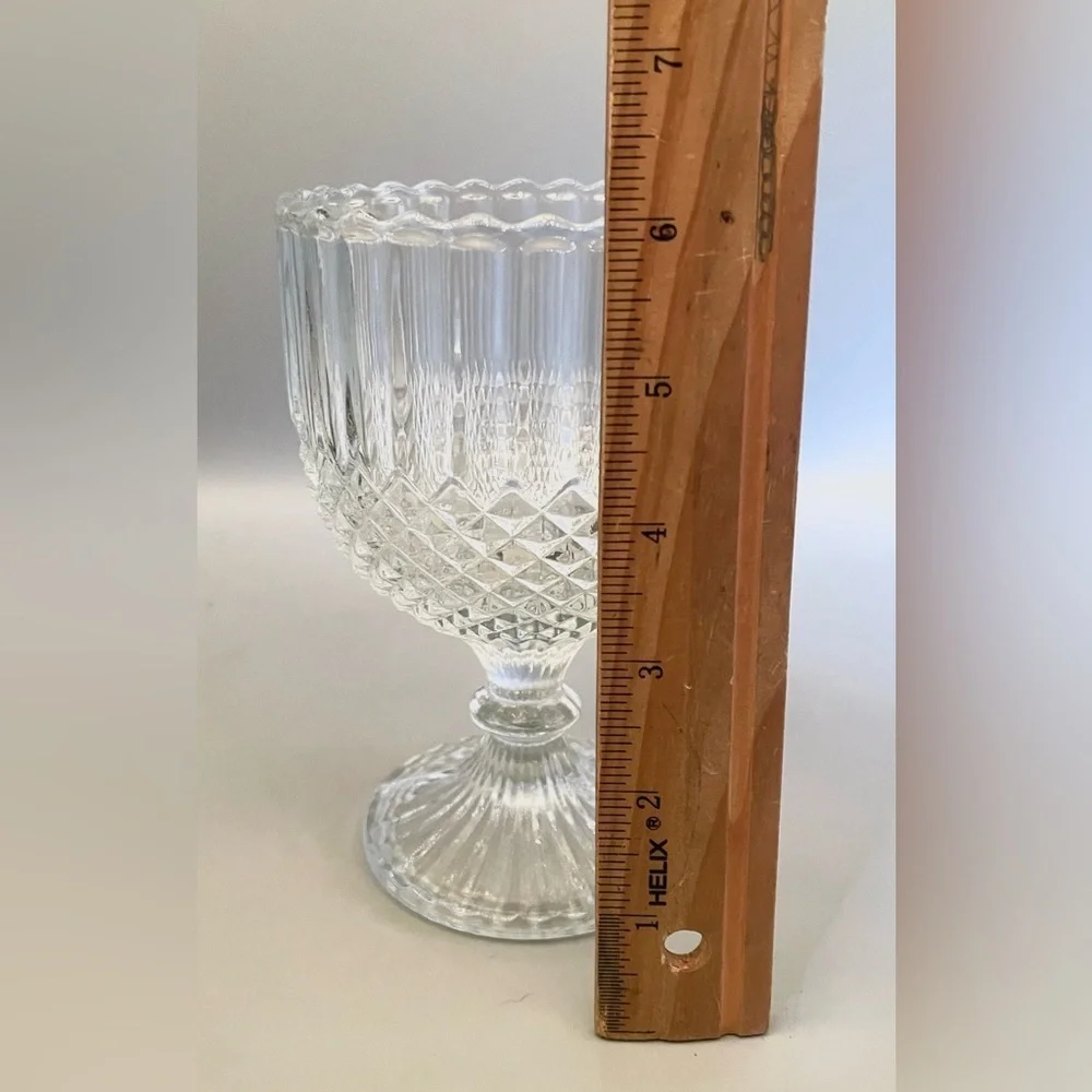 Vintage Indiana Glass Diamond Point Goblet 6” Vase Clear Pressed Glass Chalice